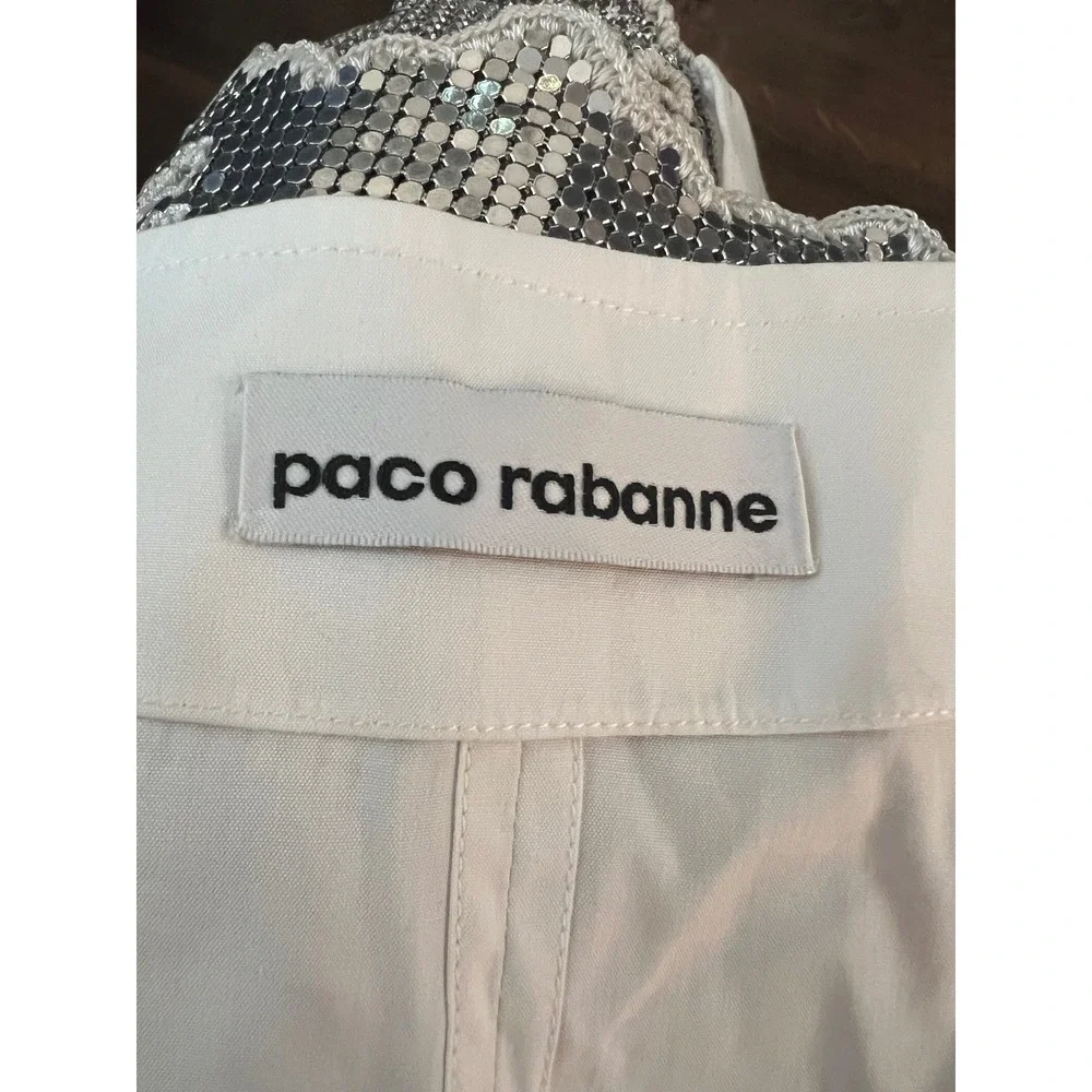 Paco Rabanne White Cotton Embroidered Top Silver Chainmail Mesh Peplum 36 FR